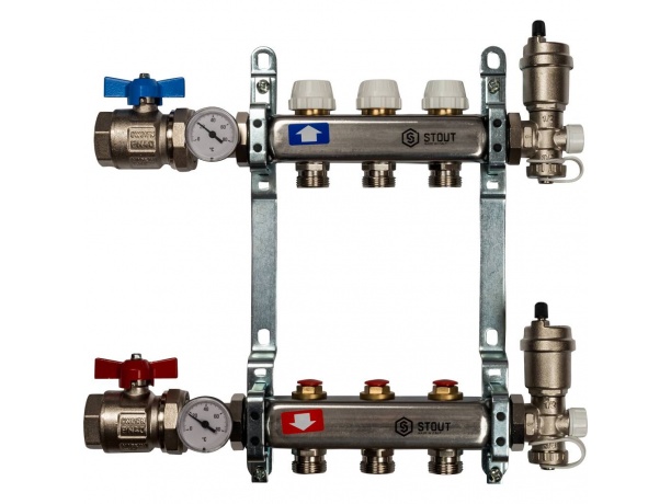 Коллекторная группа STOUT без расходомеров на 3 вых. в комплекте краны и воздухоотводчики 