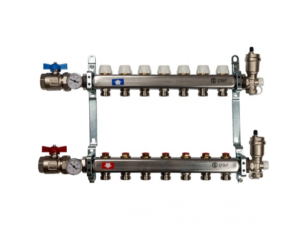 Коллекторная группа STOUT без расходомеров на 7 вых. в комплекте краны и воздухоотводчики 