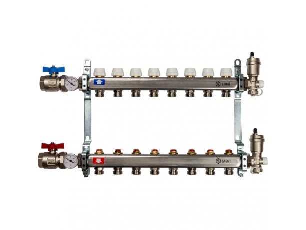 Коллекторная группа STOUT без расходомеров на 8 вых. в комплекте краны и воздухоотводчики 